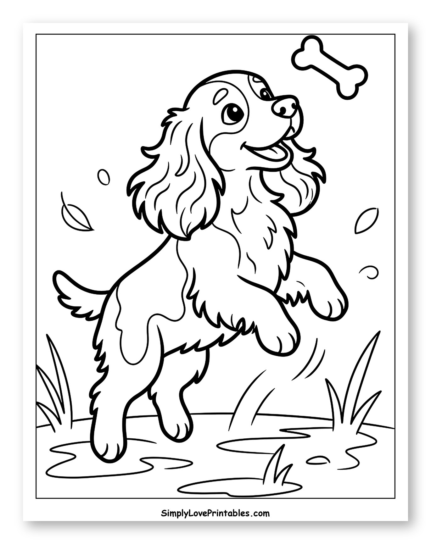 Happy Cocker Spaniel Jumping for a Bone to Color for Toddlers