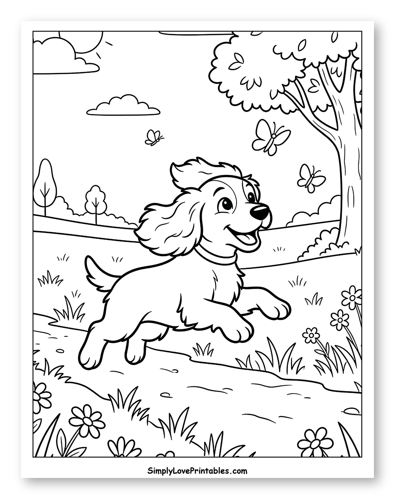 Happy Cocker Spaniel Puppy Chasing Butterflies to Color for Kids