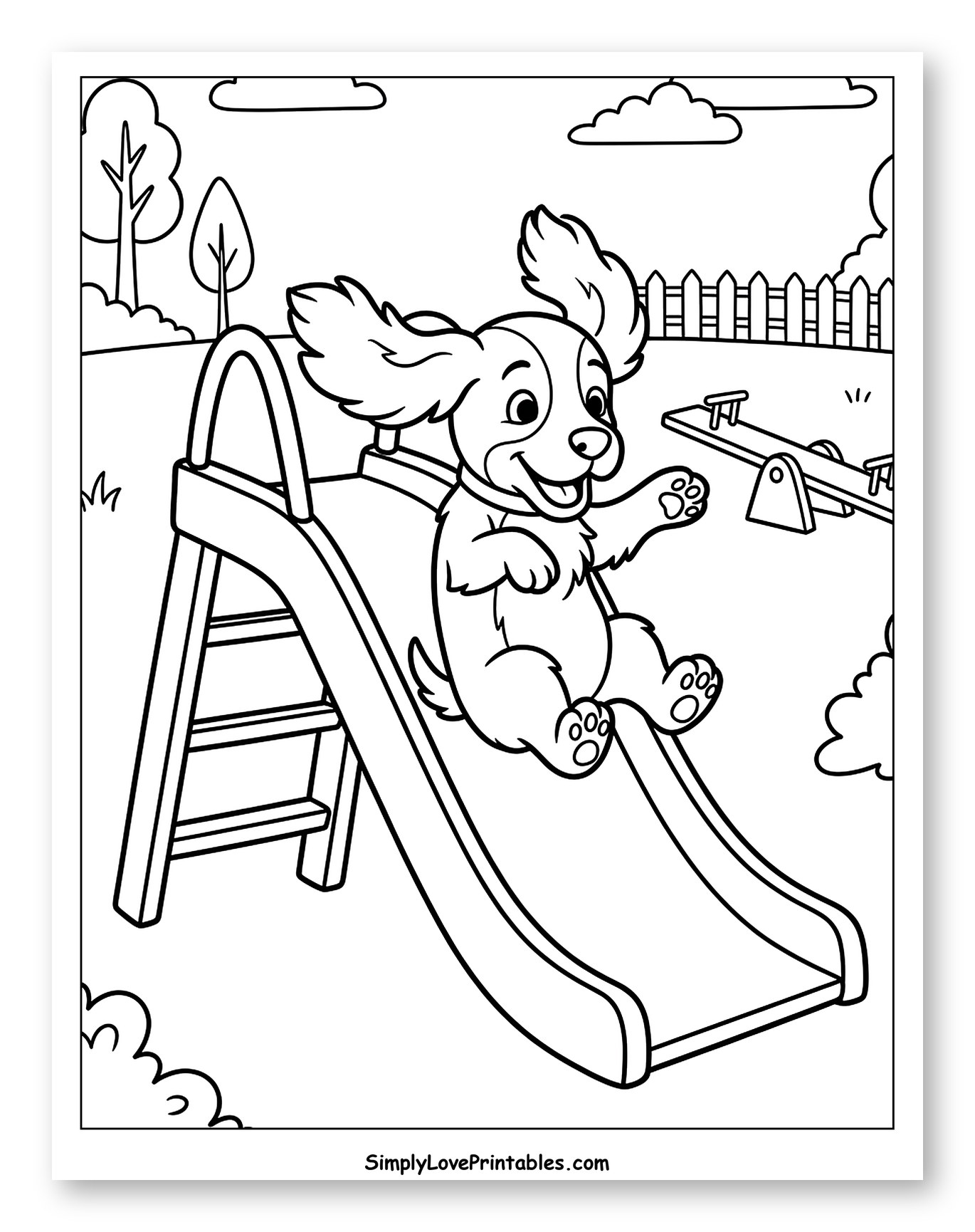 Happy Cocker Spaniel Puppy Sliding in a Park Coloring Sheet for Kids