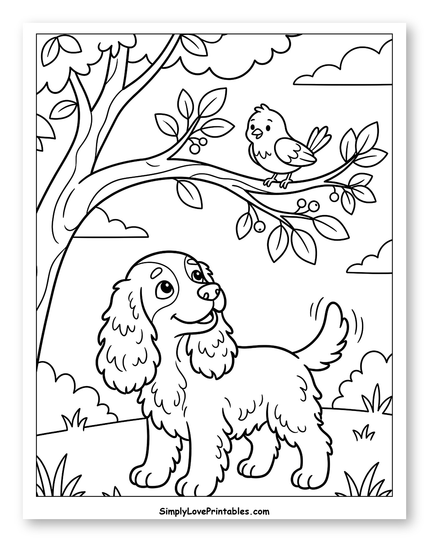 Happy Cocker Spaniel with Bird on a Branch