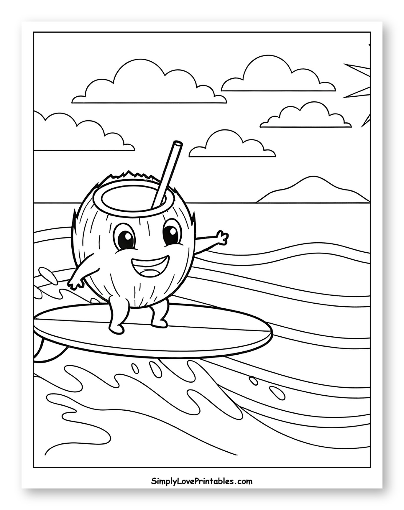 Happy Coconut Character Surfing Ocean Waves Coloring Sheet for Kids