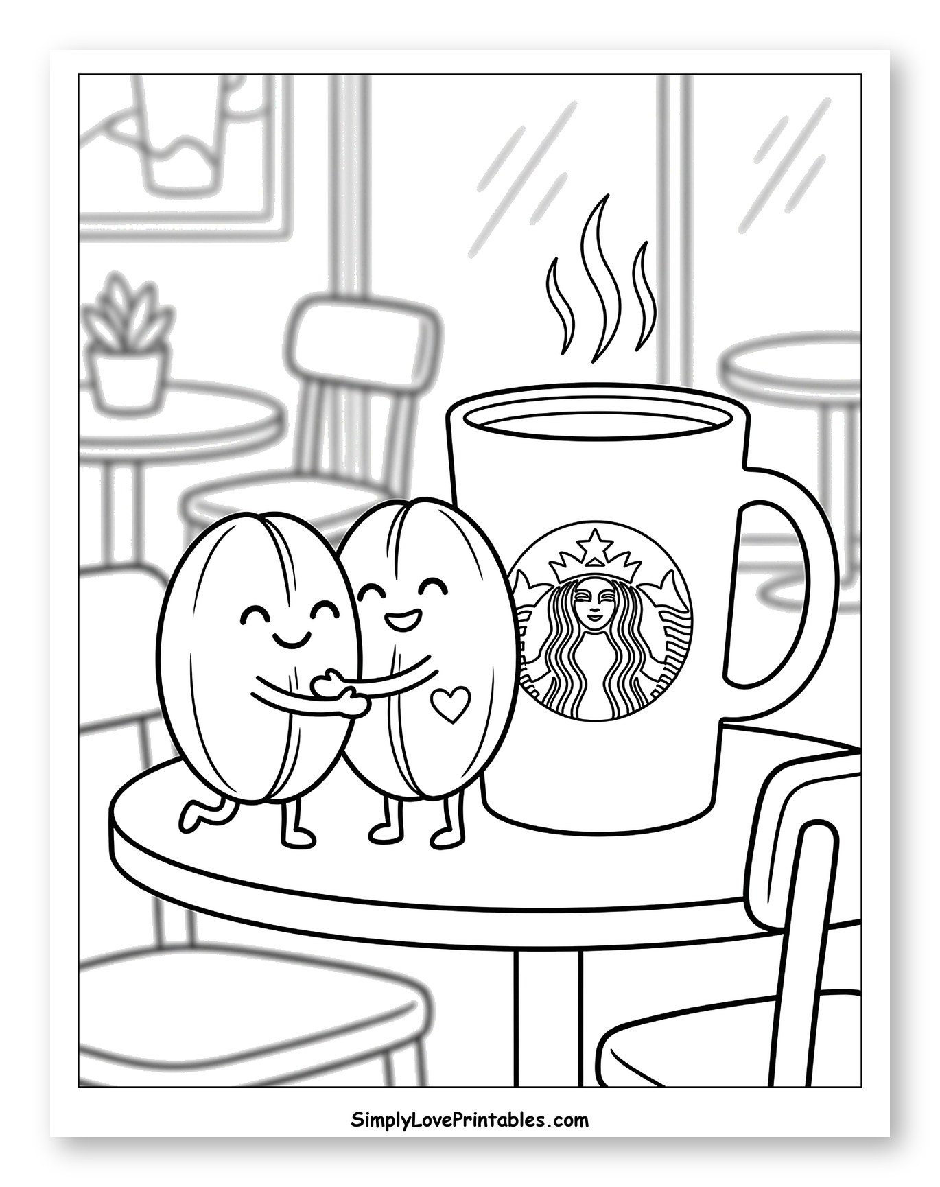 Happy Coffee Beans and Starbucks Mug to Color for Kids
