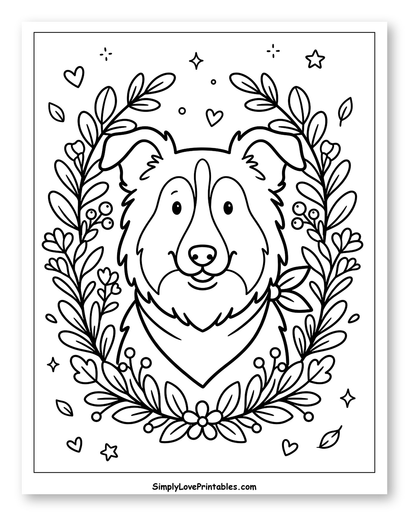 Happy Collie Dog in Floral Wreath
