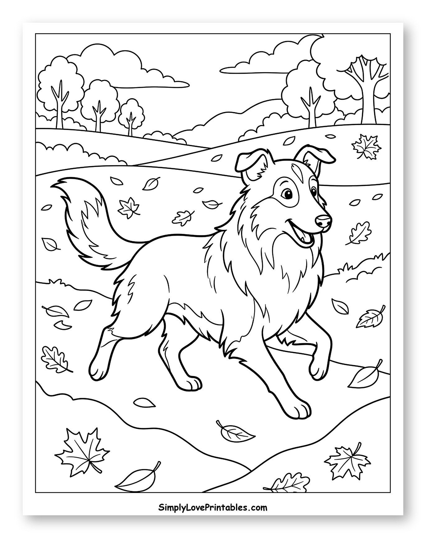 Happy Collie Dog Running in Autumn Field Coloring Page for Kids