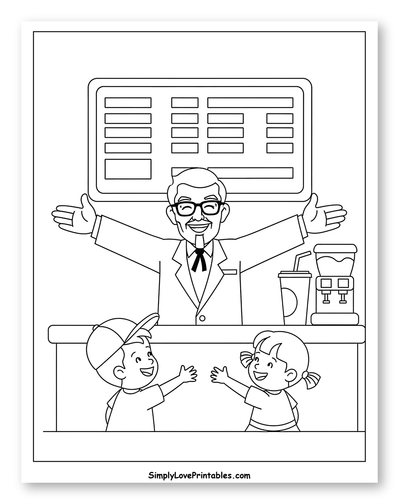 Happy Colonel Sanders Welcoming Kids to KFC Coloring Page for Kids