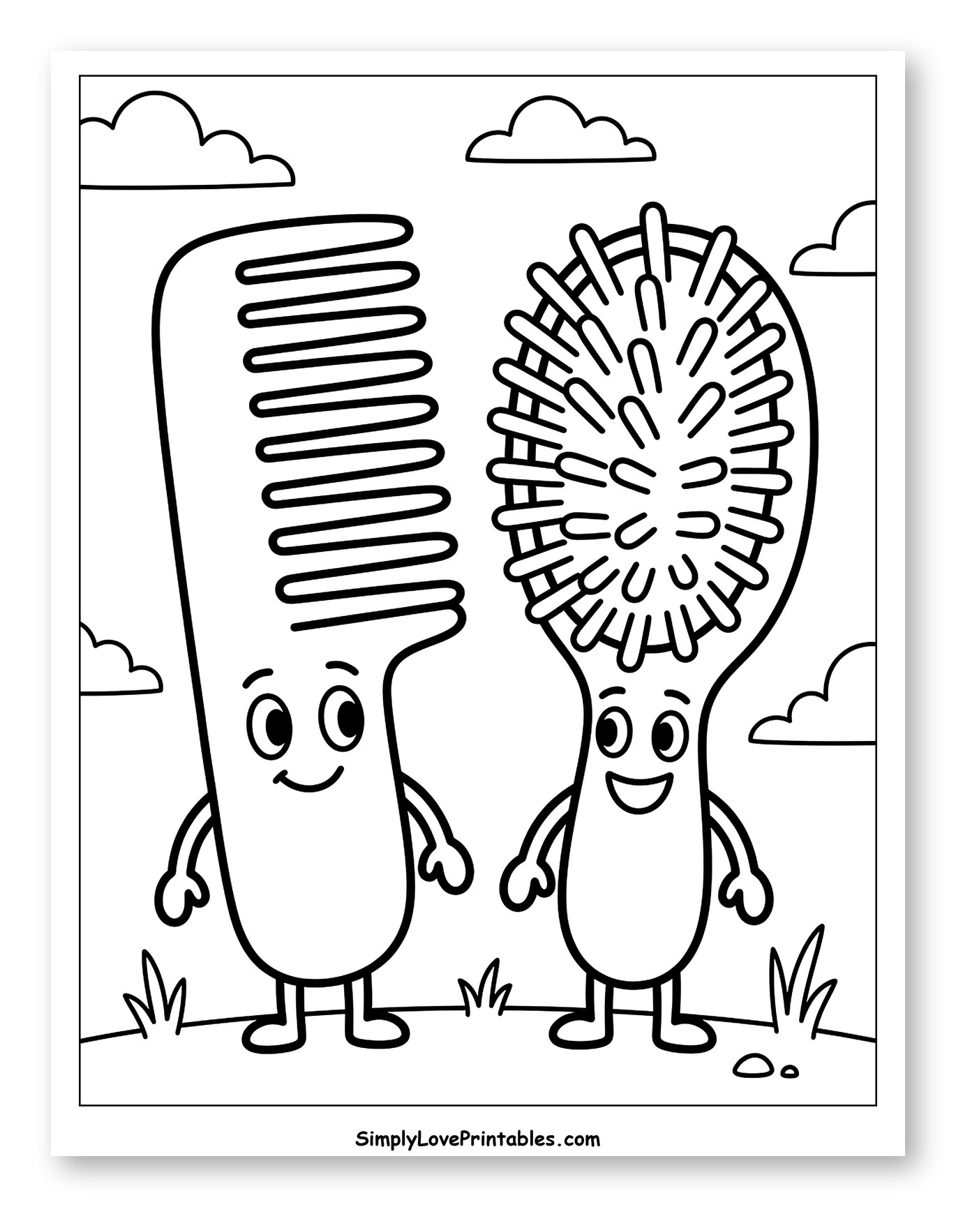 Happy Comb and Hairbrush Standing Together