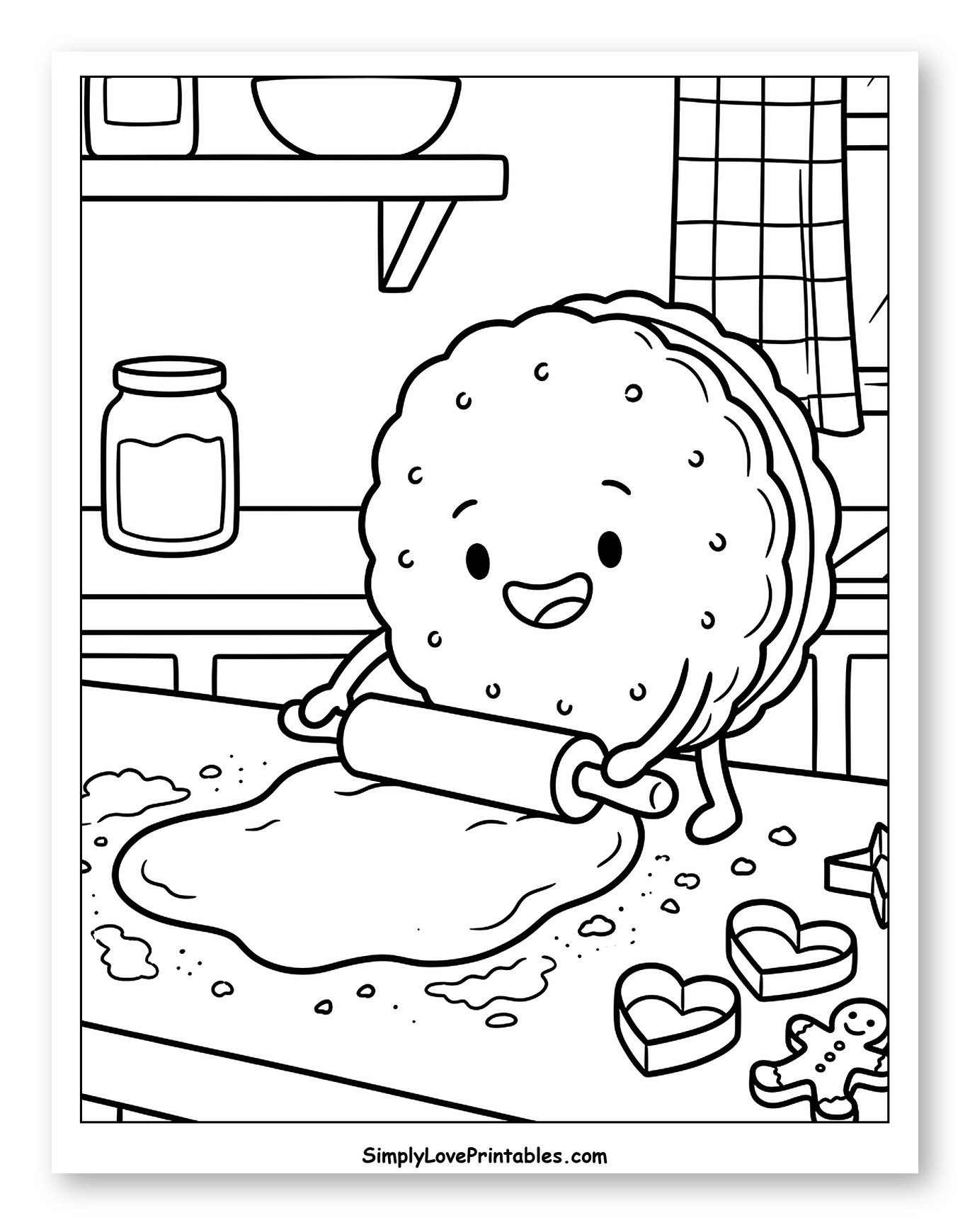 Happy Cookie Rolling Dough in Kitchen Coloring Sheet for Kids