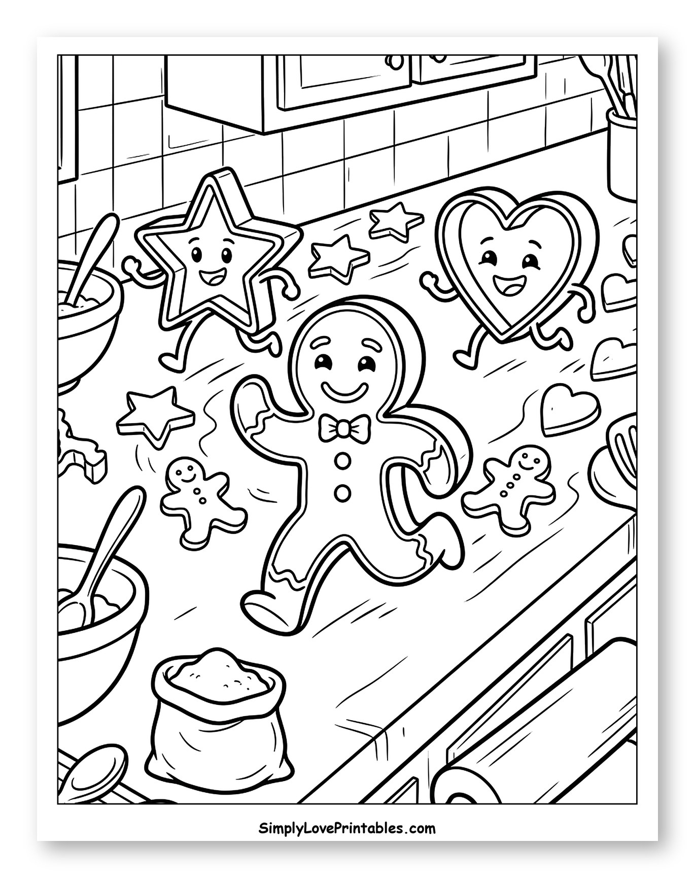Happy Cookies Dancing on Kitchen Counter Coloring Sheet for Kids