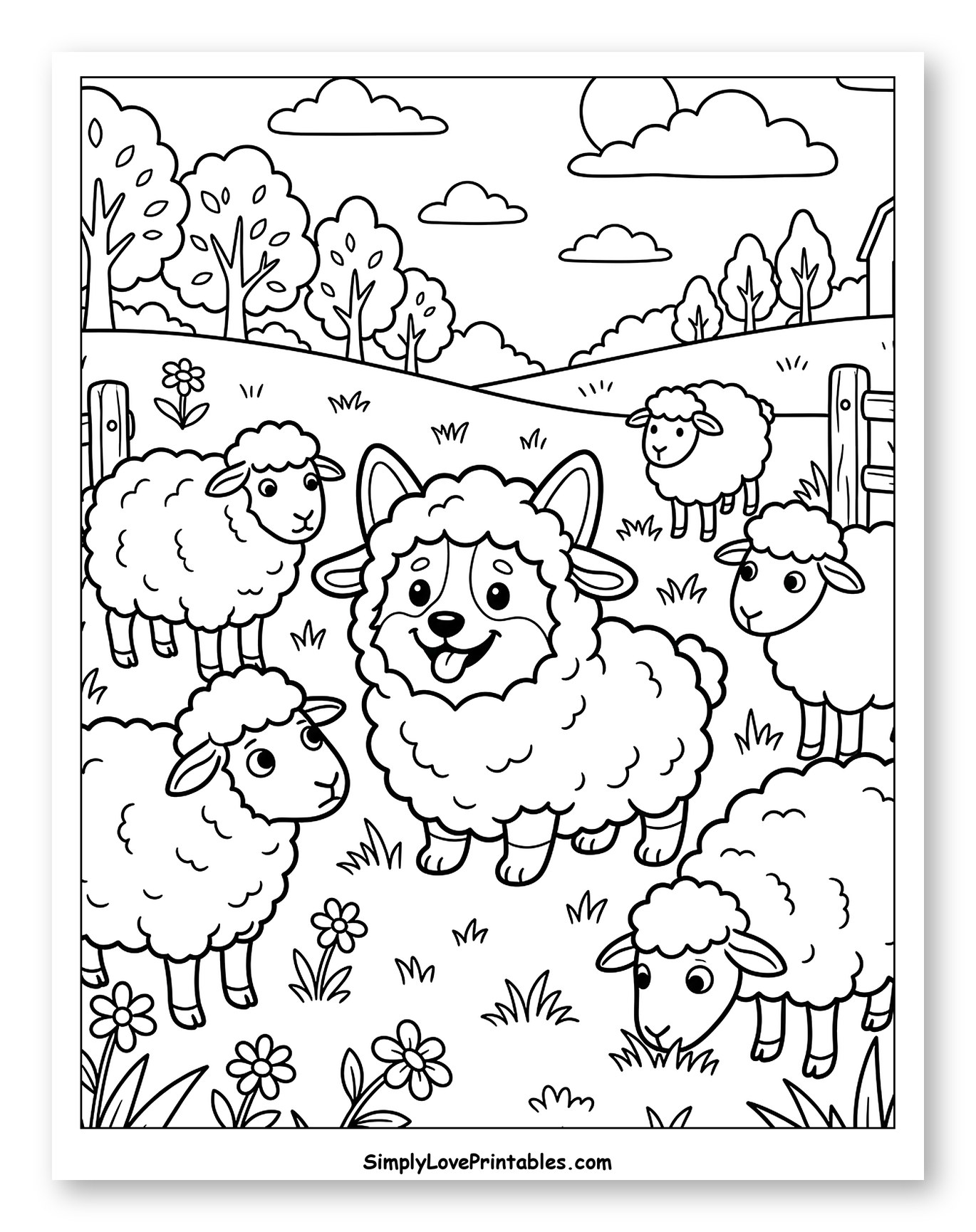 Happy Corgi Among Grazing Sheep Coloring Sheet for Kids