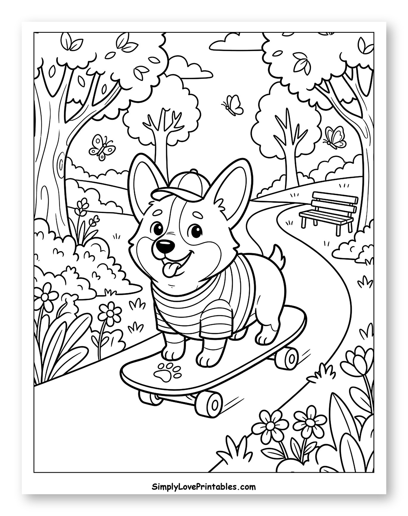 Happy Corgi Dog on Skateboard in Park to Color for Kids