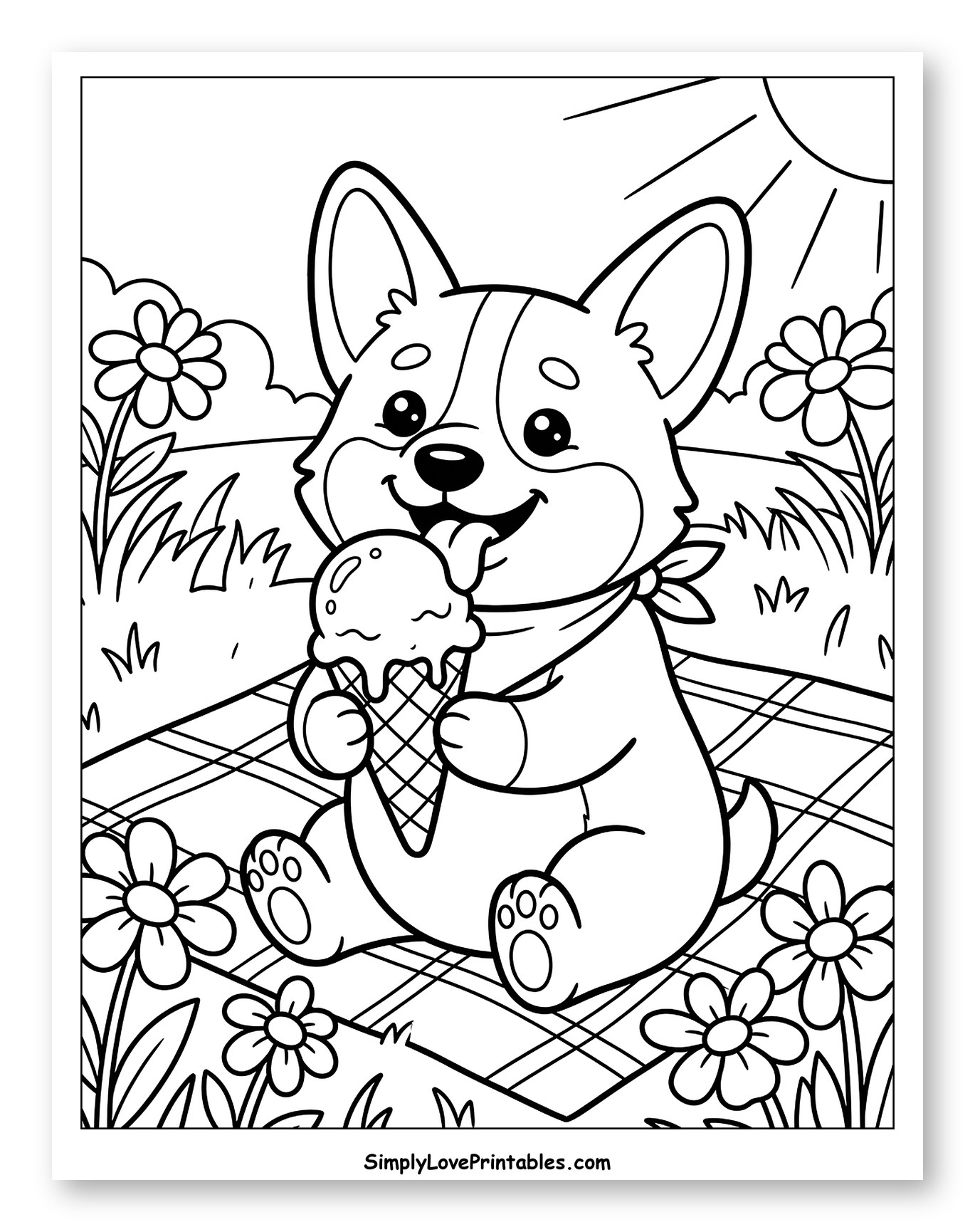 Happy Corgi Enjoying Ice Cream on Picnic Coloring Sheet for Kids
