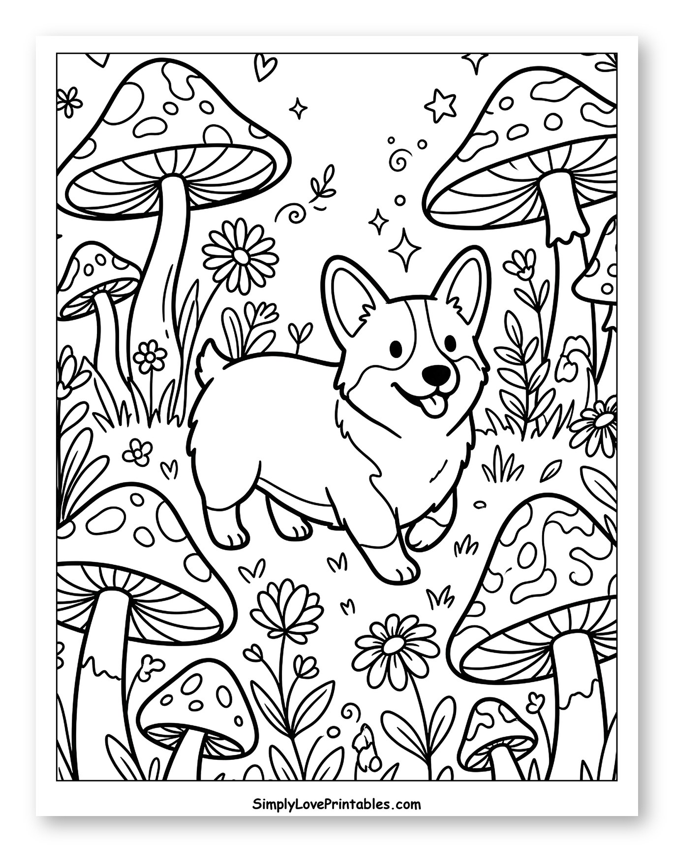 Happy Corgi in a Whimsical Mushroom Forest