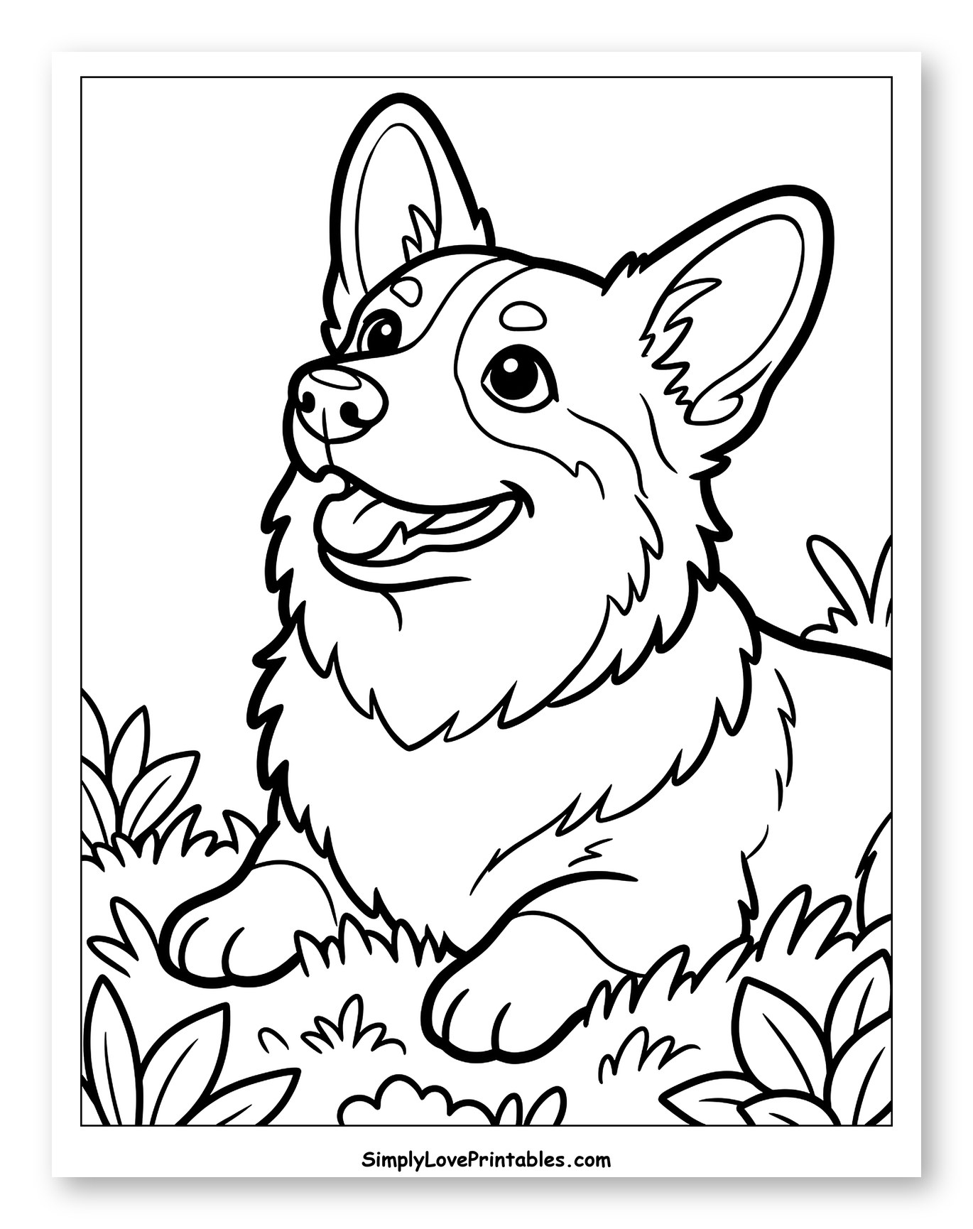Happy Corgi Lying in Grass Coloring Sheet for Toddlers