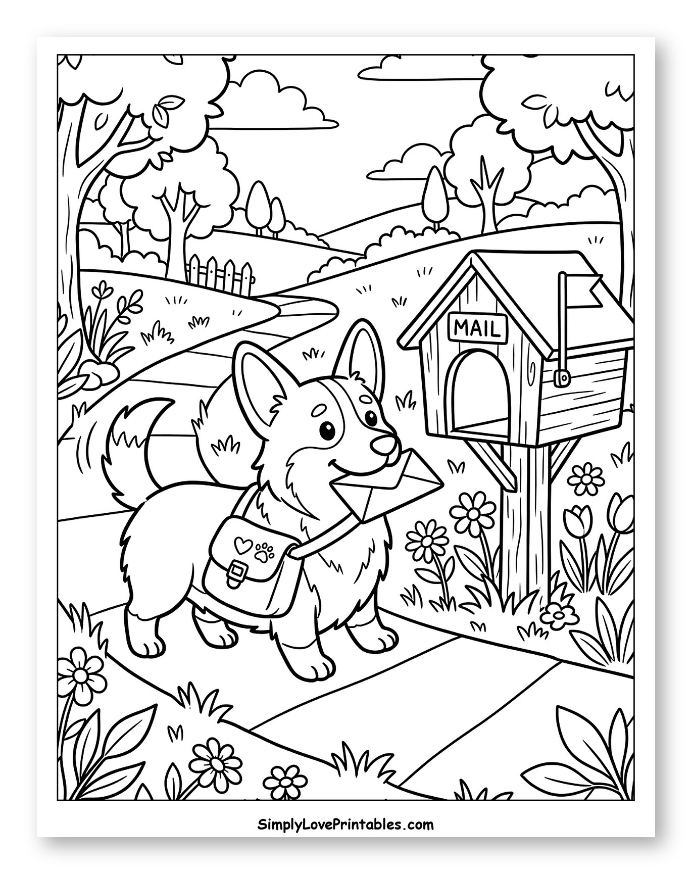 Happy Corgi Mail Carrier Delivering Letter to Color for Kids