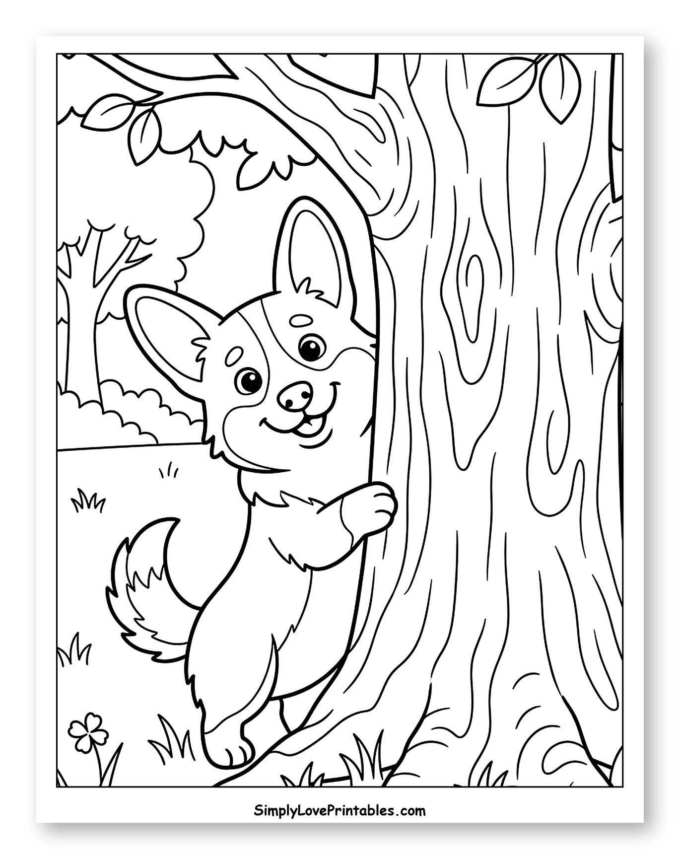 Happy Corgi Peeking Behind a Tree Coloring Page for Kids