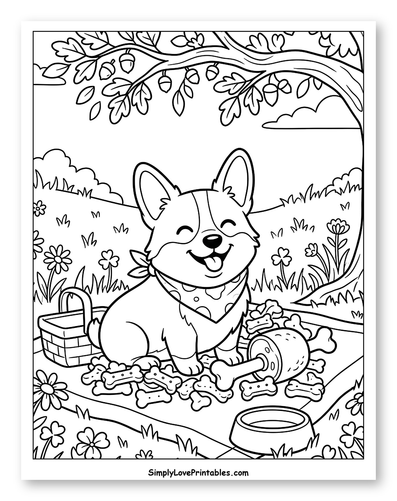 Happy Corgi Picnic Under Oak Tree