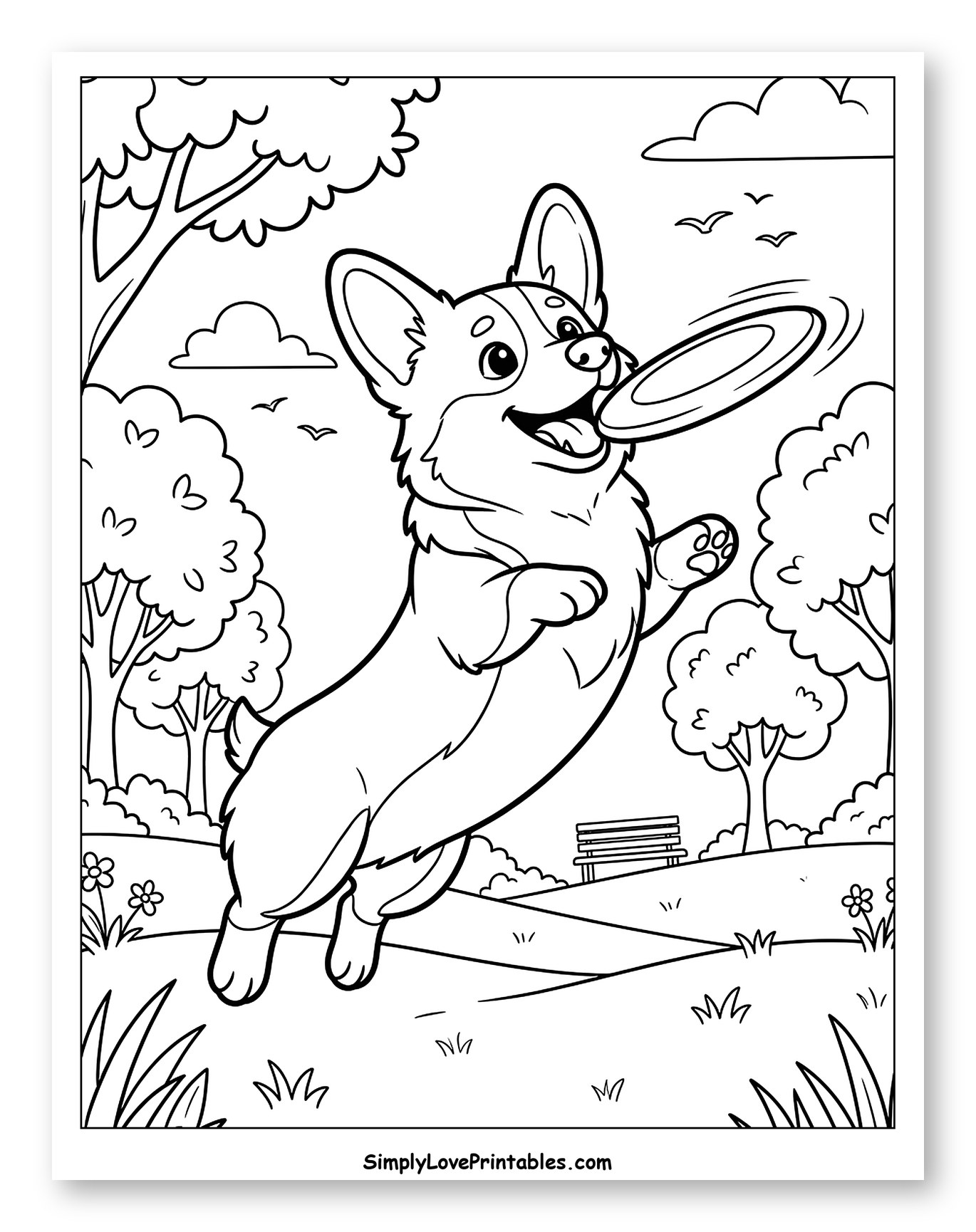 Happy Corgi Playing Frisbee in the Park to Color for Kids