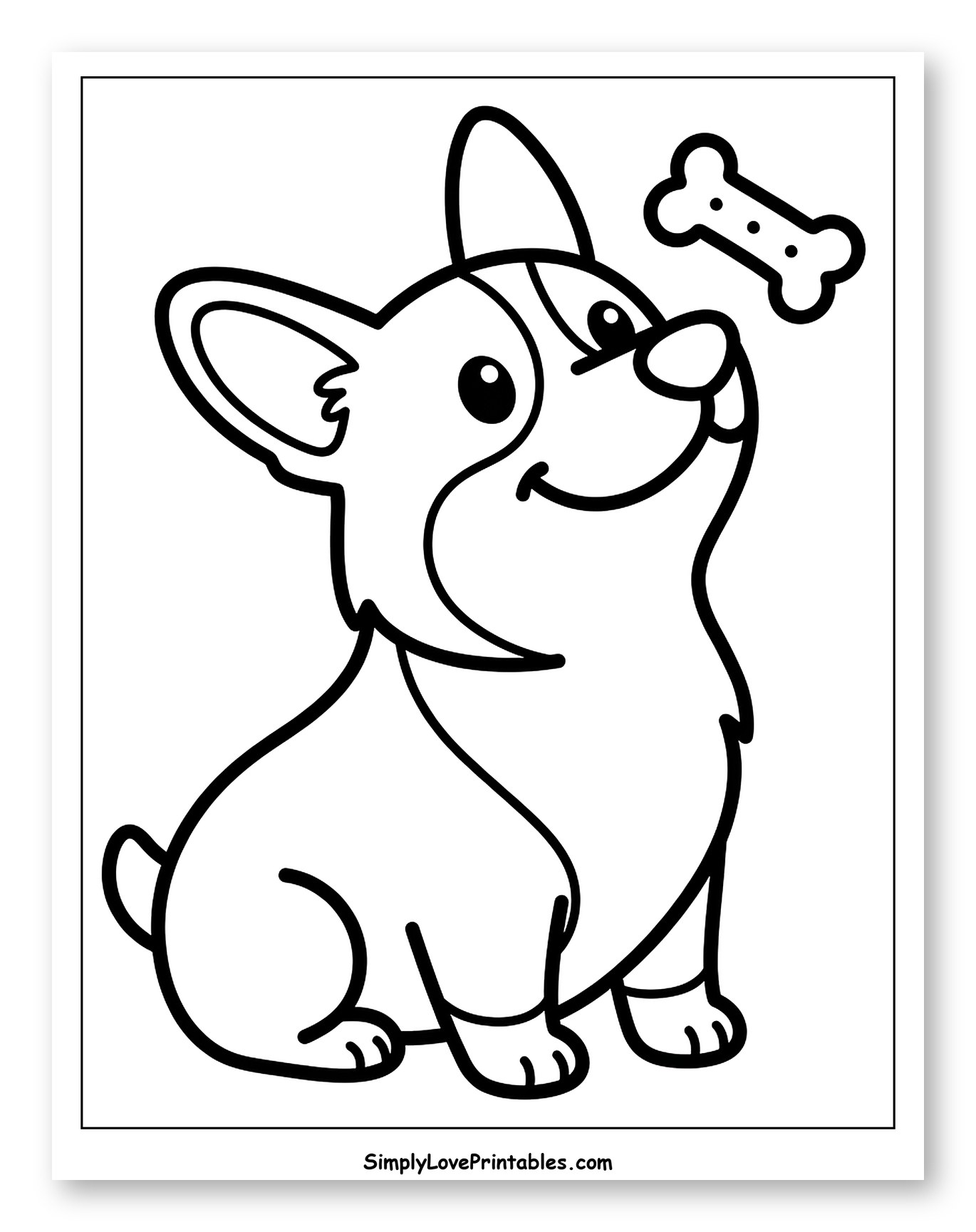 Happy Corgi Puppy Eying a Bone Coloring Page for Toddlers
