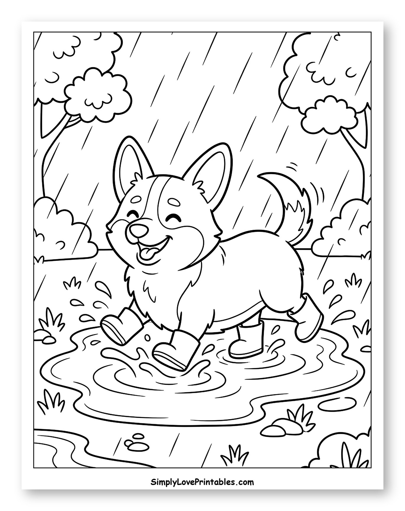 Happy Corgi Splashing in Rain Puddle Coloring Page for Kids