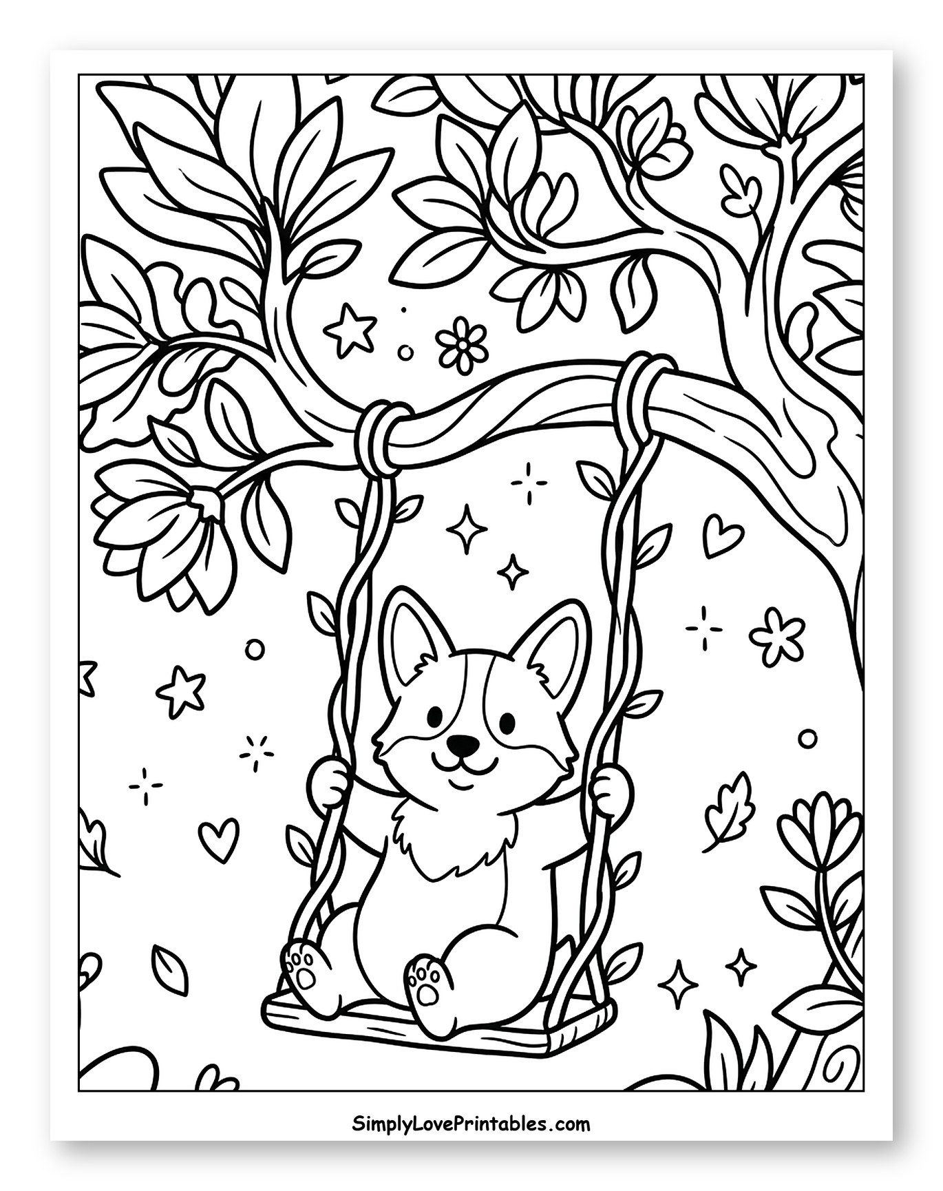 Happy Corgi Swinging in a Leafy Tree