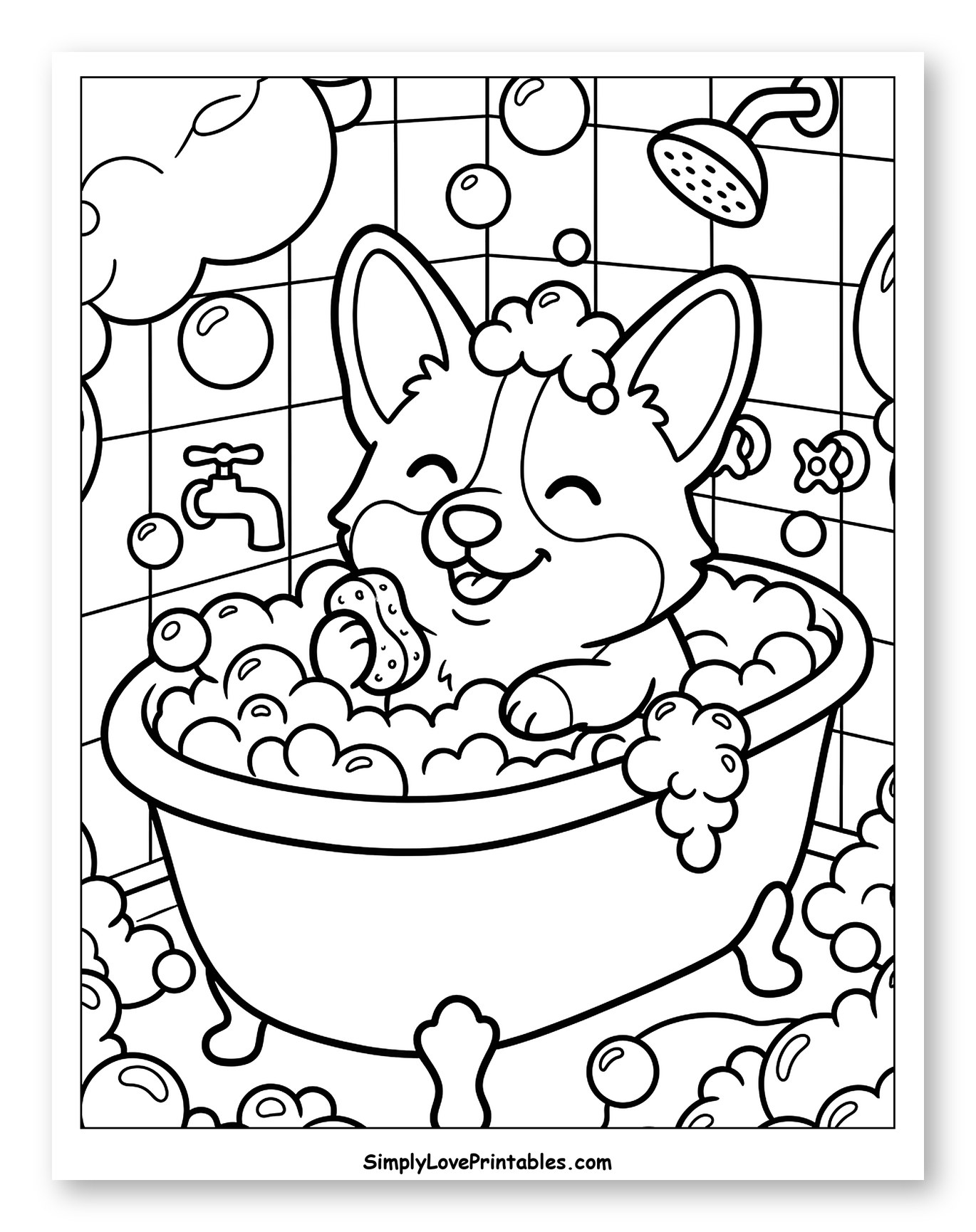 Happy Corgi Taking a Bubble Bath Coloring Page for Kids