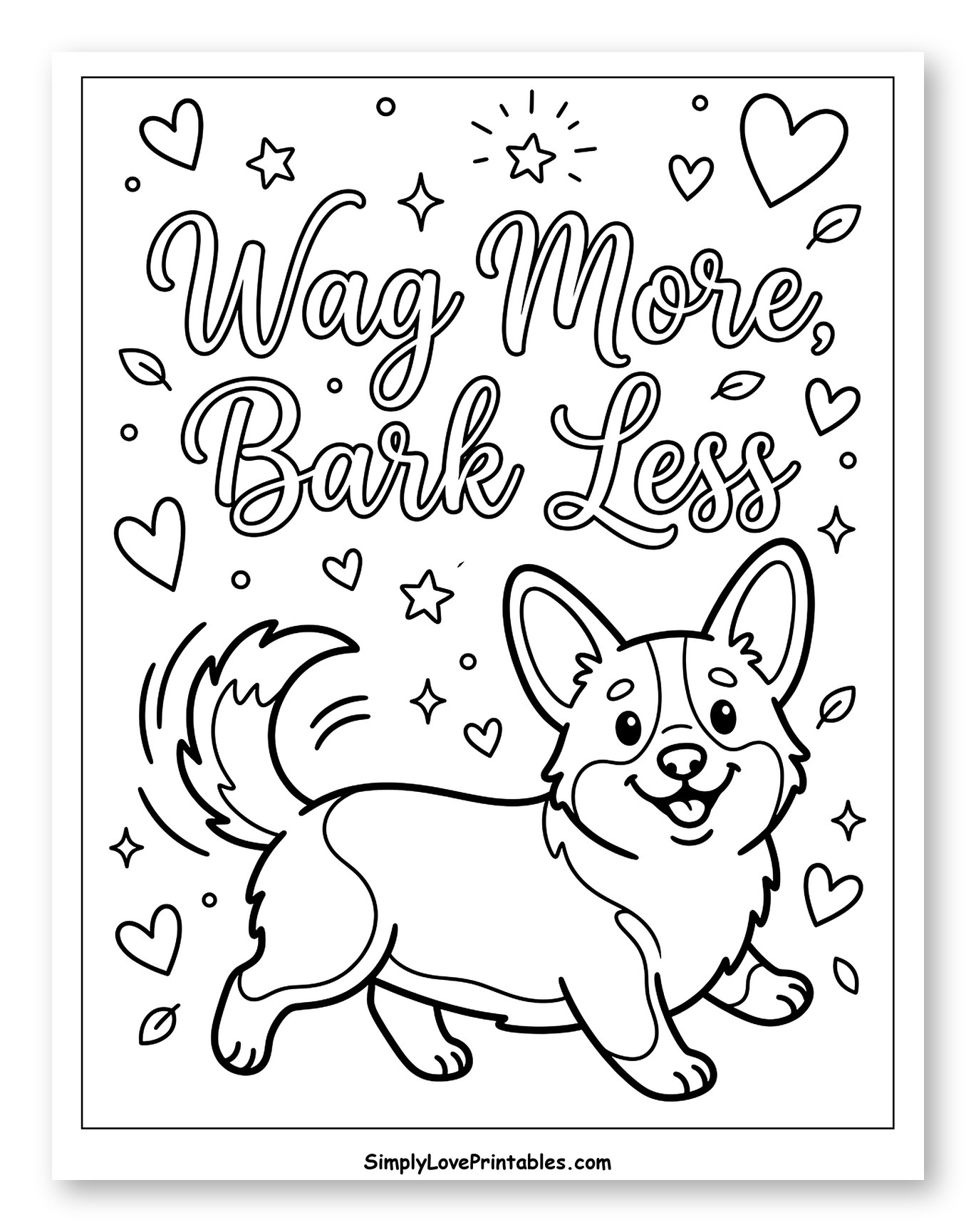 Happy Corgi with Wag More Bark Less Message Coloring Page for Adults