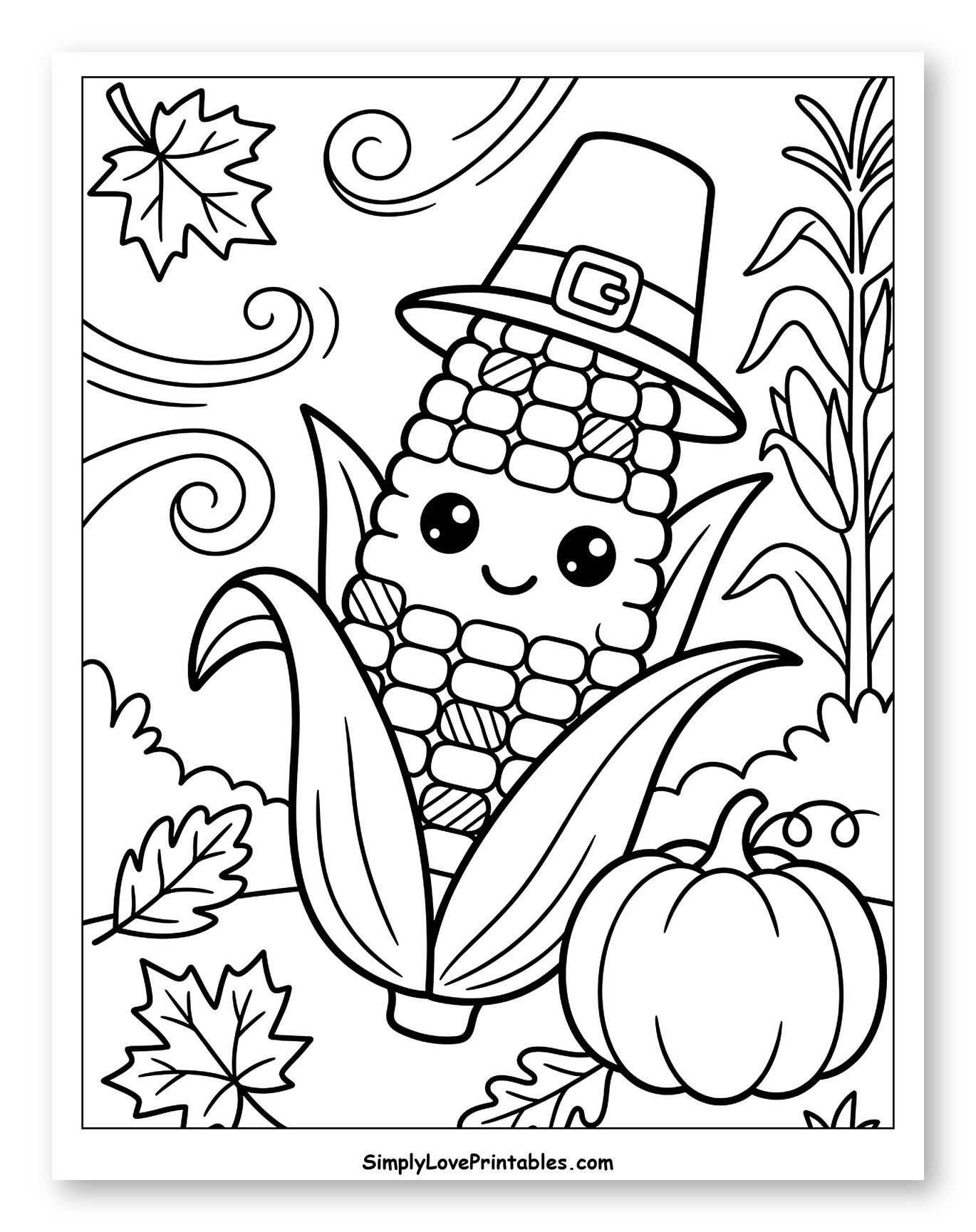 Happy Corn Cob in Pilgrim Hat with Pumpkin