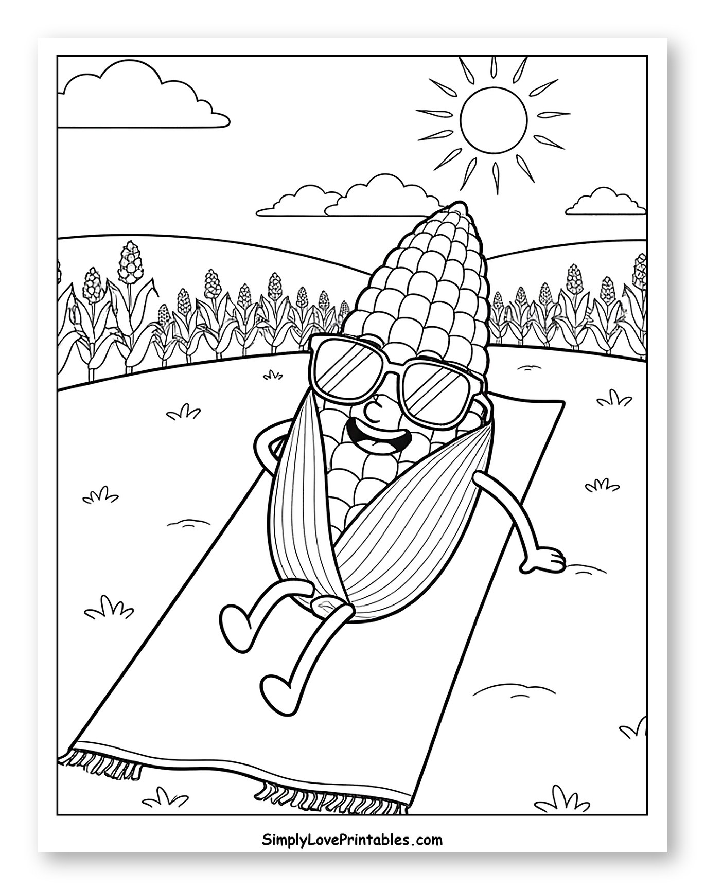 Happy Corn Cob Sunbathing in Field