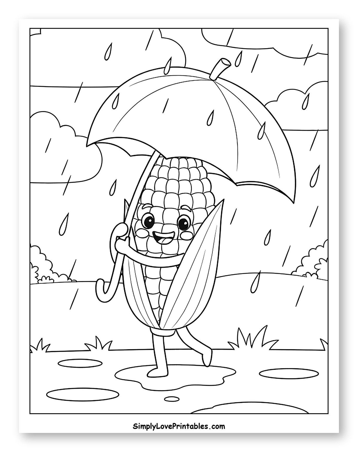 Happy Corn Cob Under an Umbrella in Rain