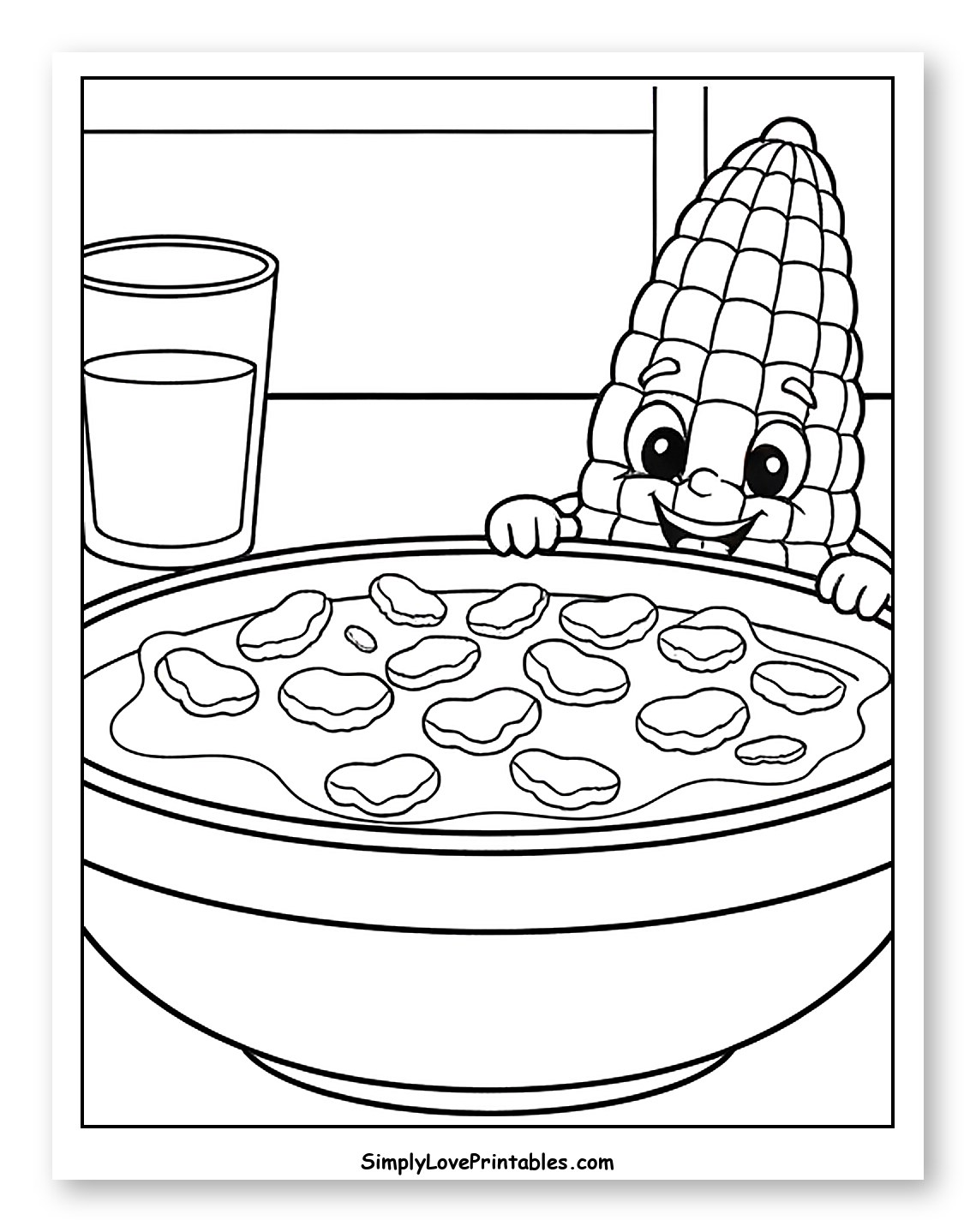 Happy Corn Cob with Cereal and Milk to Color for Kids