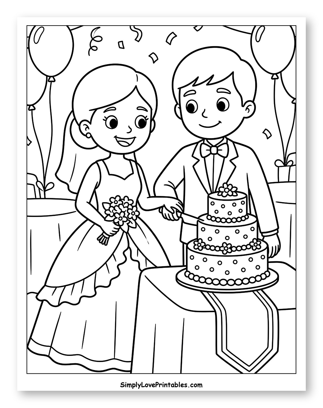 Happy Couple Cutting Their Wedding Cake Coloring Page for Kids