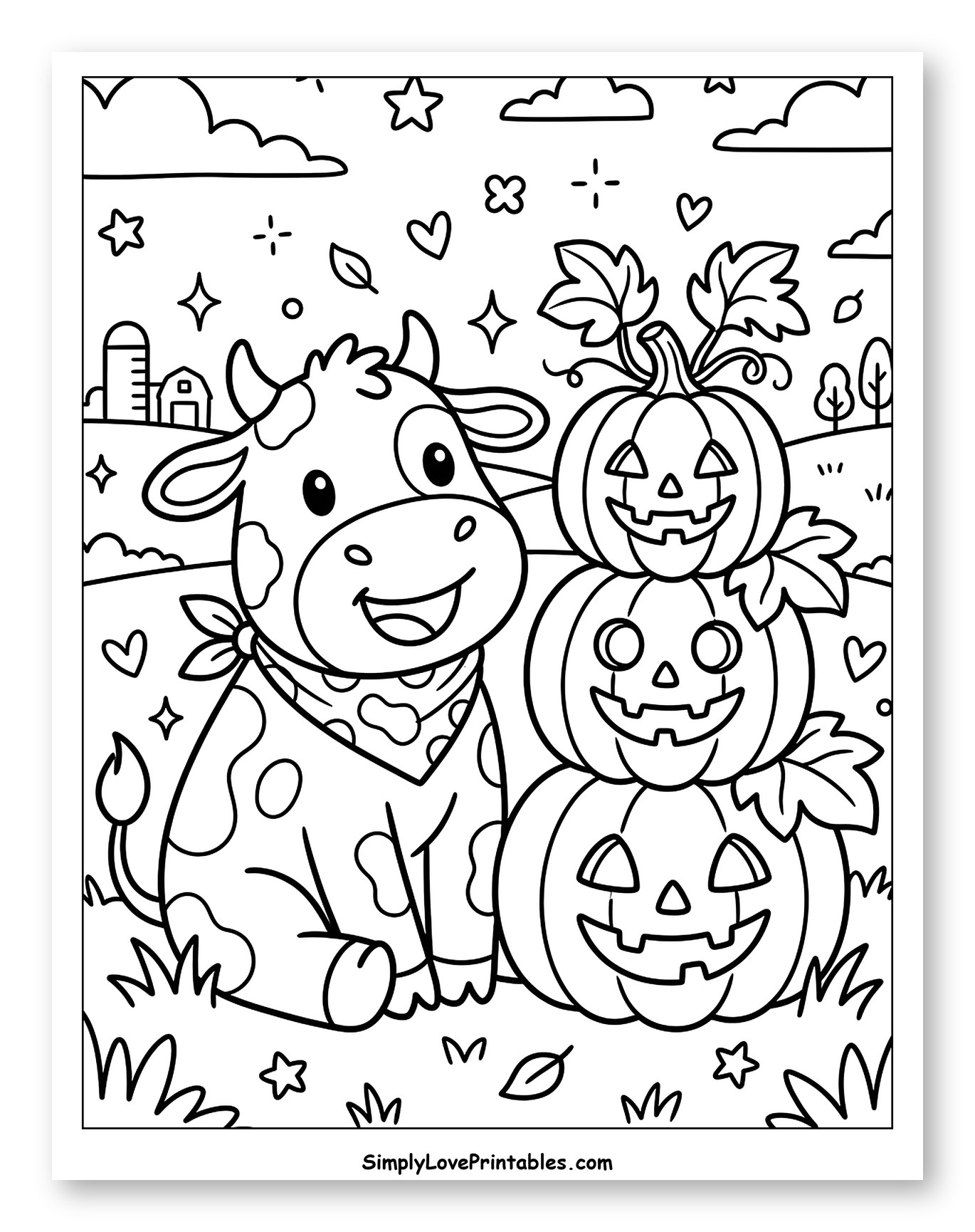 Happy Cow and Three Jack-o'-Lanterns to Color for Adults