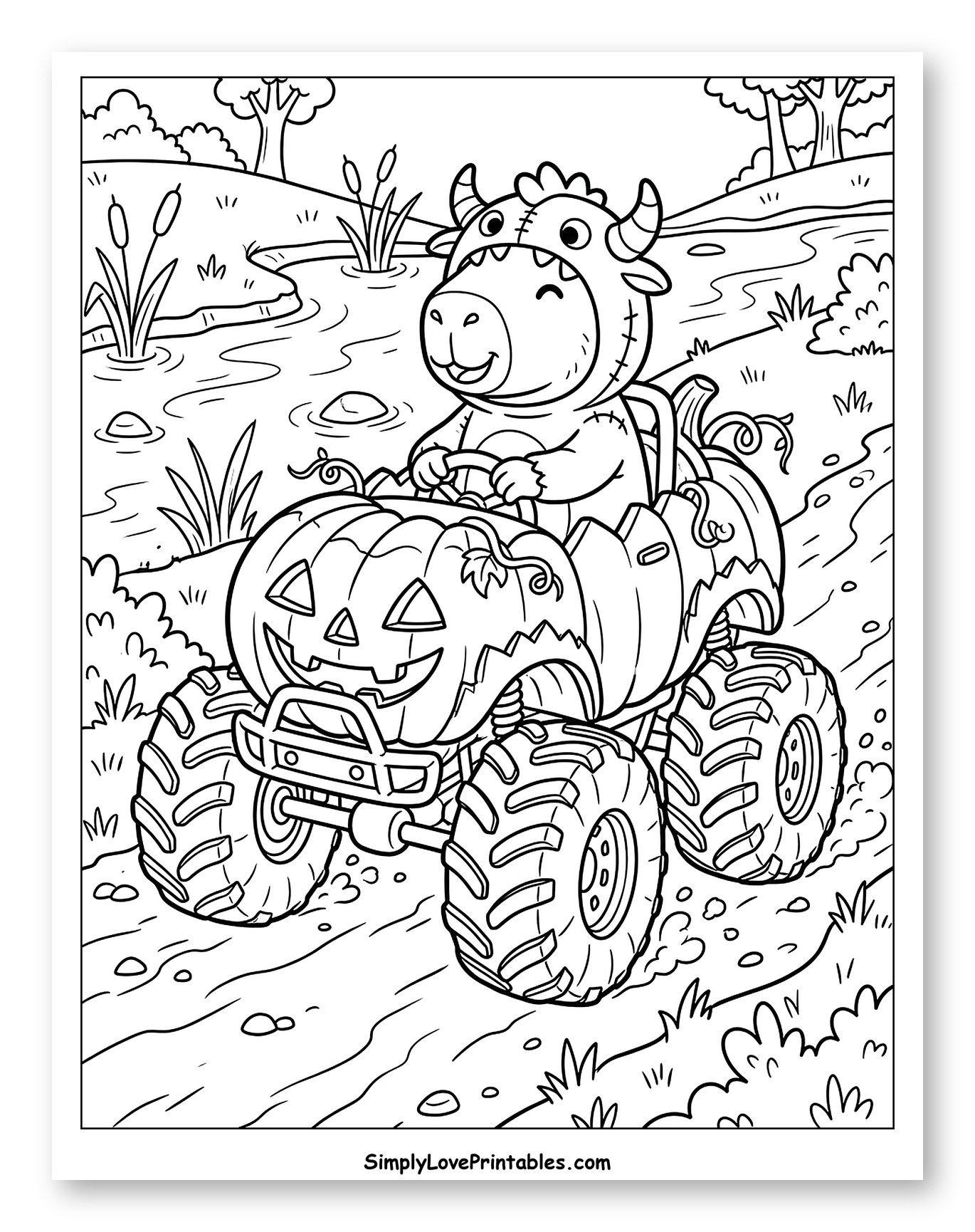 Happy Cow in Costume Driving Pumpkin Monster Truck
