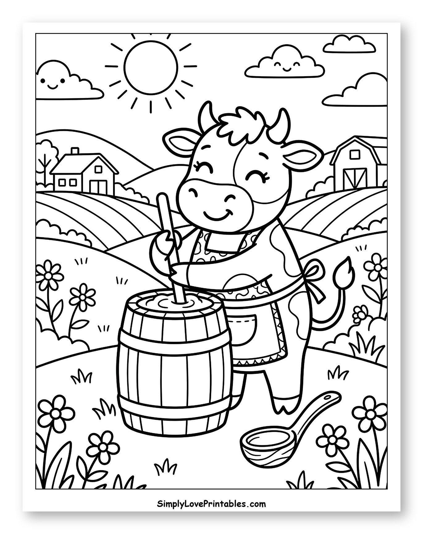 Happy Cow Making Butter on the Farm Coloring Page for Kids