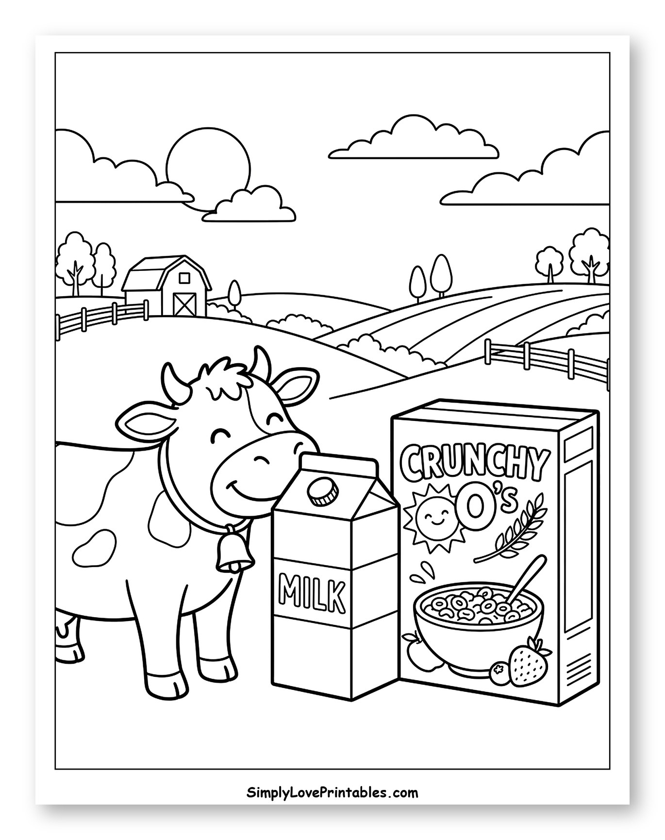 Happy Cow with Milk and Cereal on a Farm