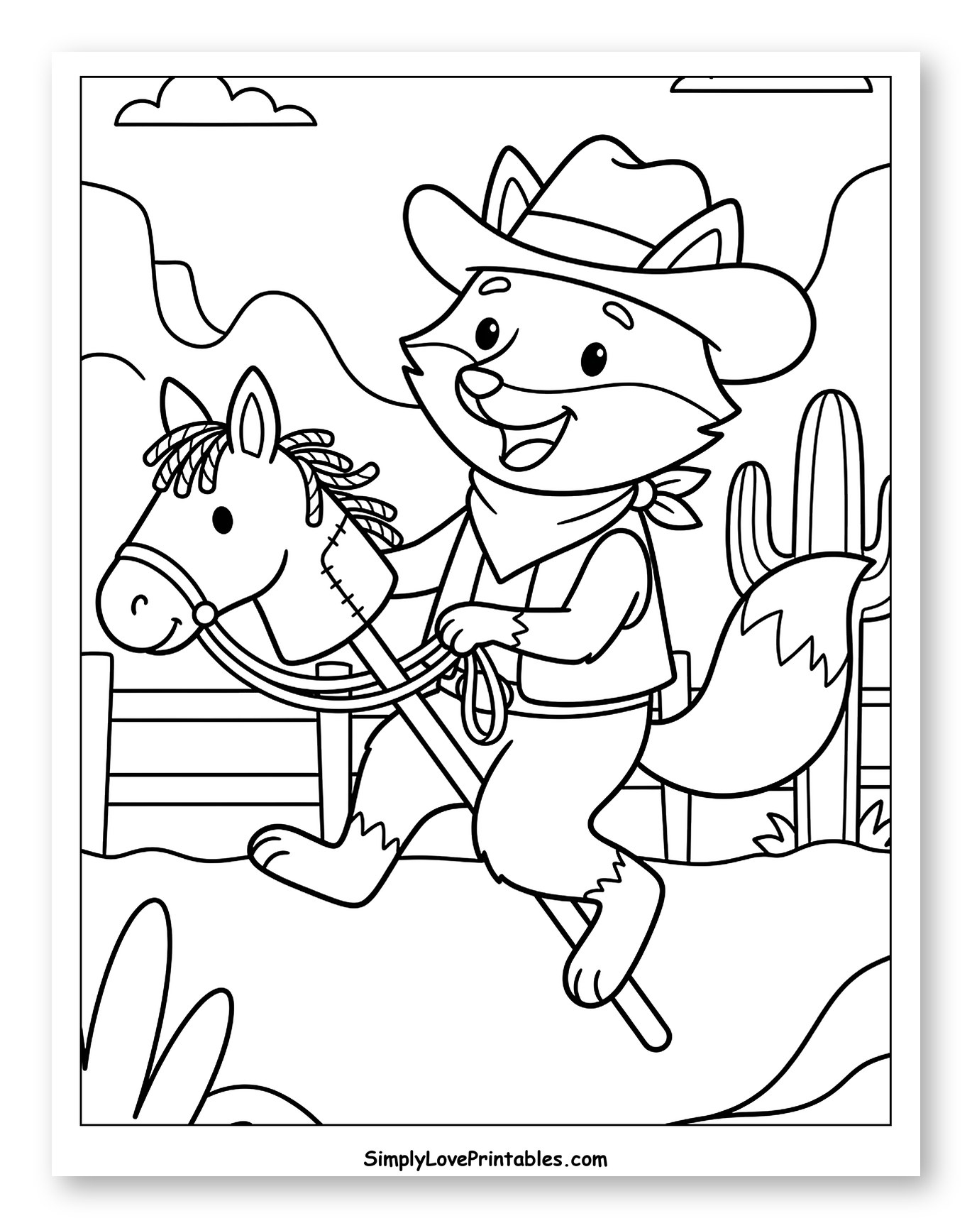 Happy Cowboy Fox on a Stick Horse Coloring Sheet for Kids