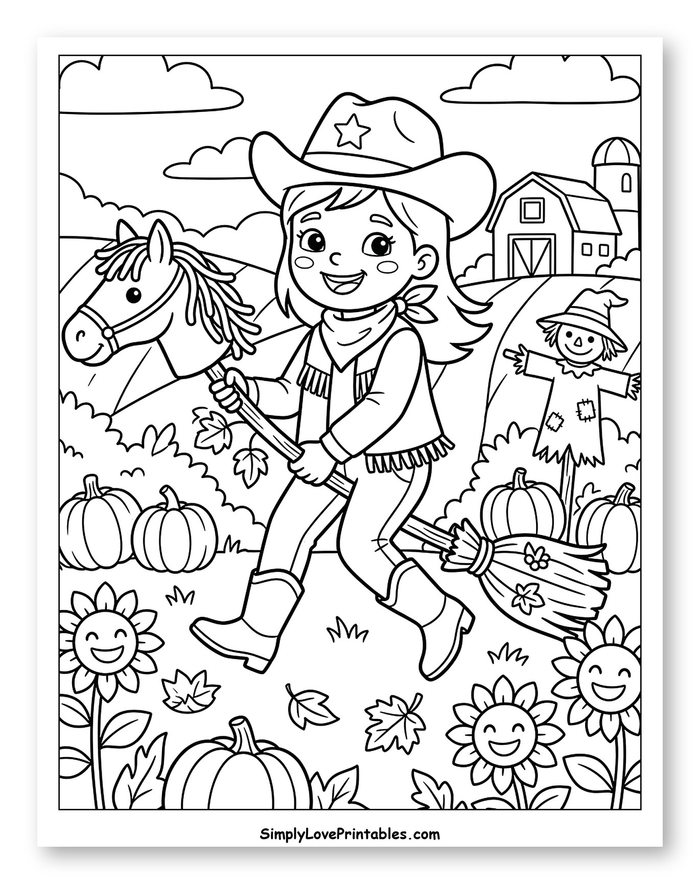 Happy Cowgirl with Broom and Stick Horse
