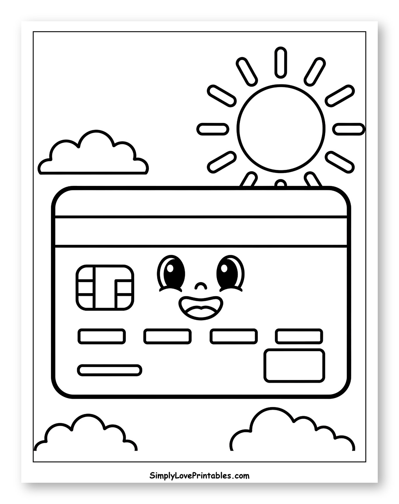 Happy Credit Card with Sun and Clouds Coloring Sheet for Toddlers