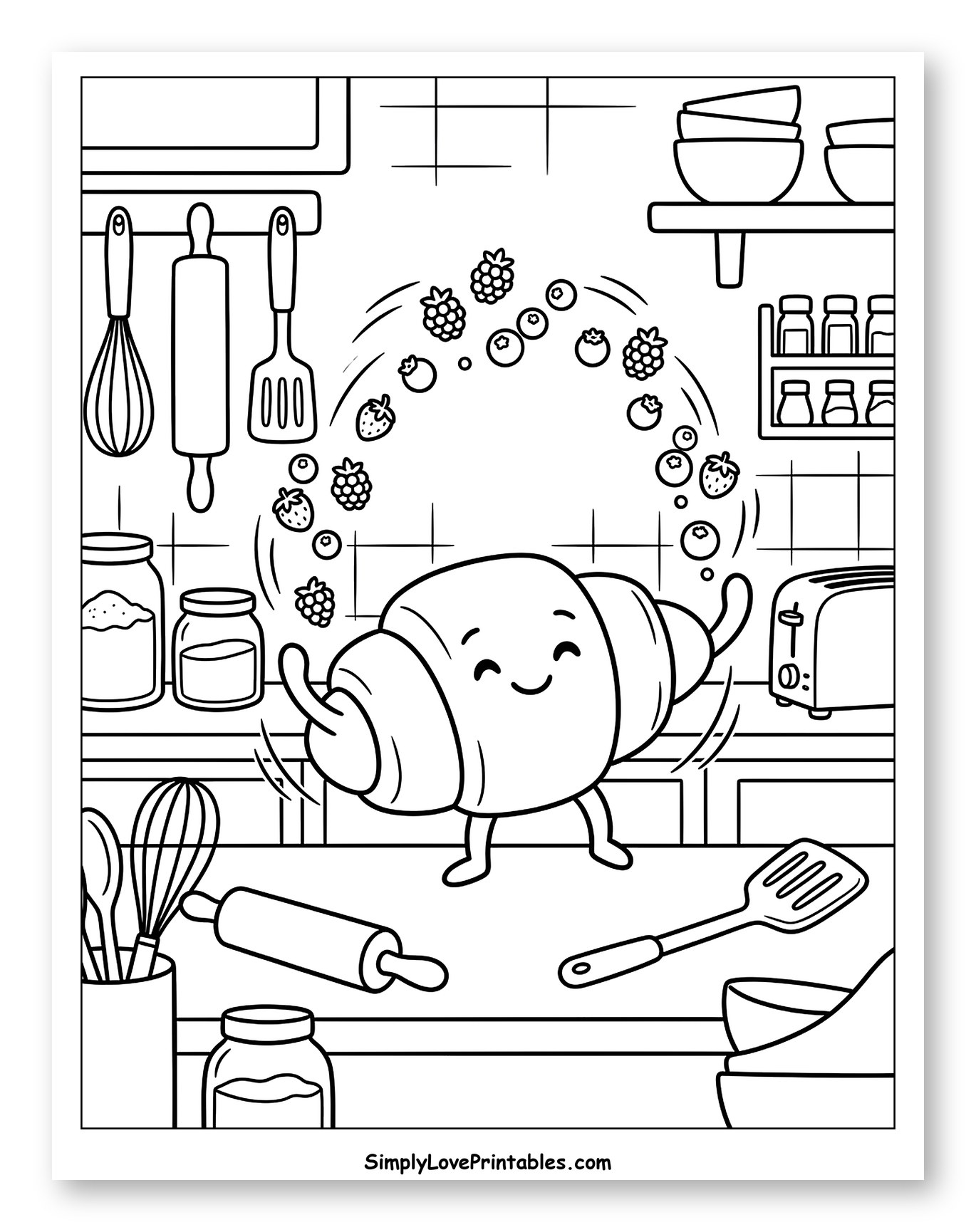 Happy Croissant Dancing in the Kitchen Coloring Page for Kids