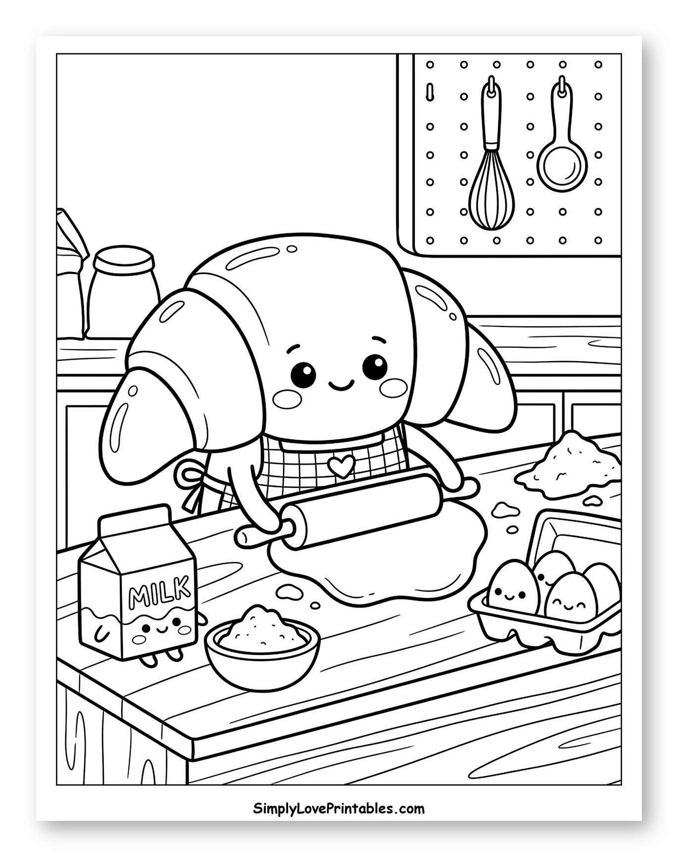 Happy Croissant Rolling Dough on a Table Coloring Sheet for Kids