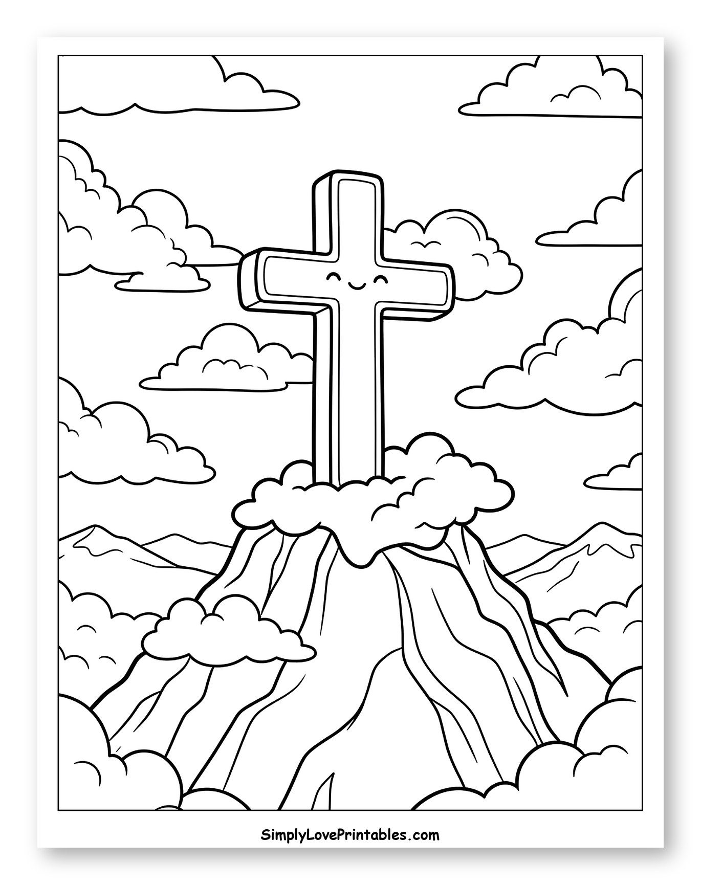 Happy Cross on Mountain Peak with Clouds