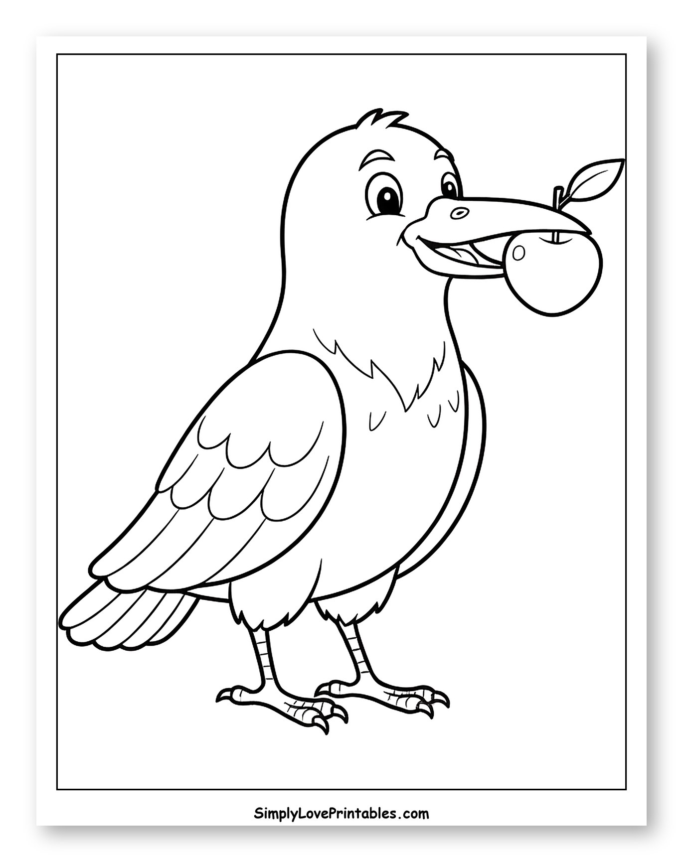 Happy Crow Holding an Apple Coloring Sheet for Toddlers