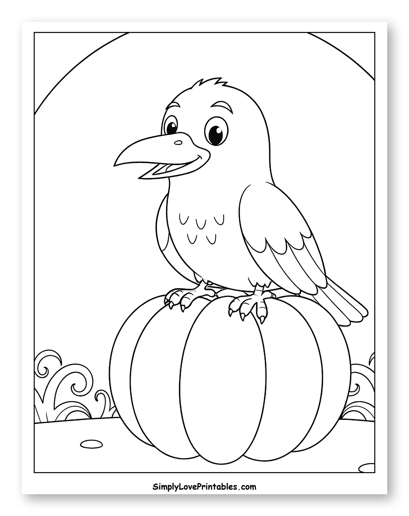 Happy Crow Perched on a Pumpkin Coloring Sheet for Toddlers