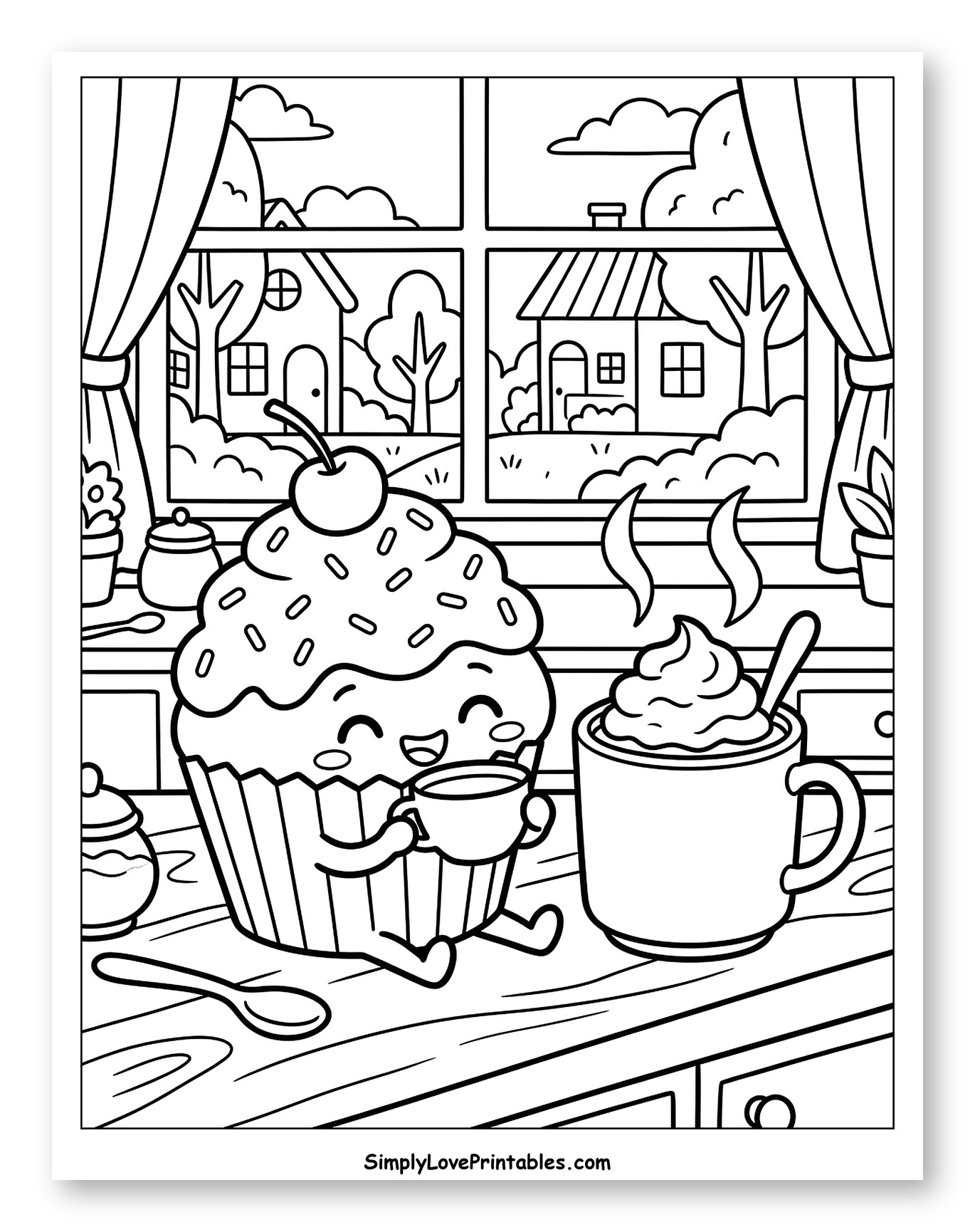 Happy Cupcake Enjoying Coffee by the Window Coloring Page for Kids