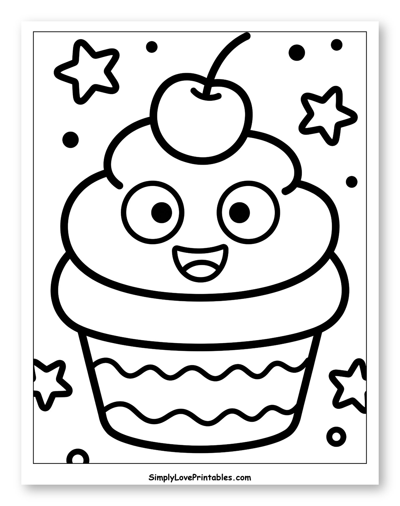 Happy Cupcake with Cherry and Stars to Color for Toddlers