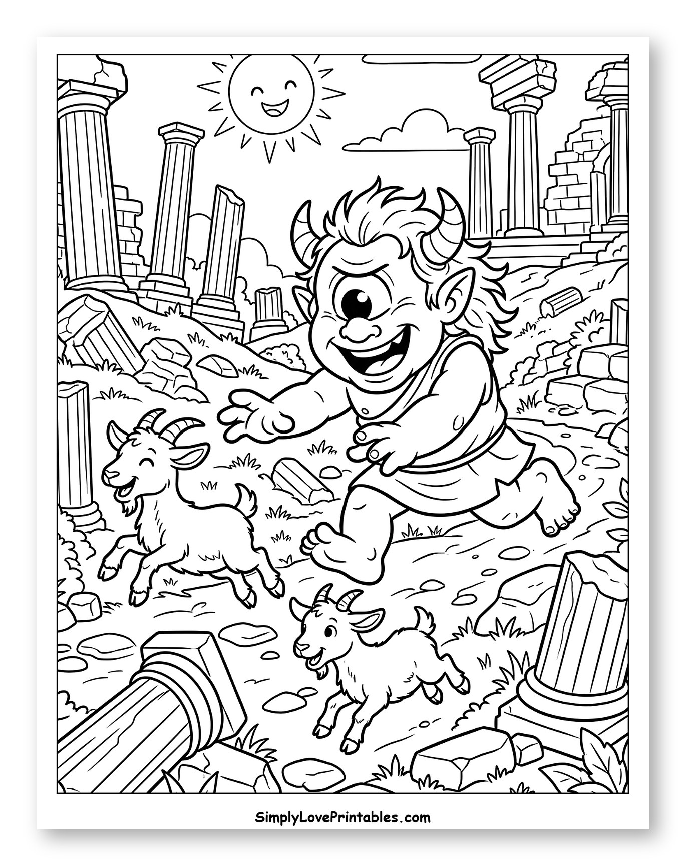 Happy Cyclops Chasing Goats in Ancient Ruins
