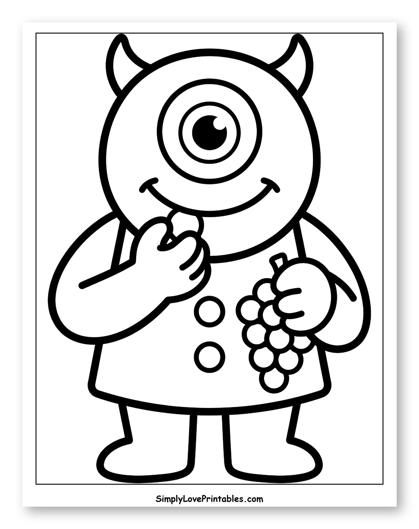 Happy Cyclops Monster Eating Grapes to Color for Toddlers