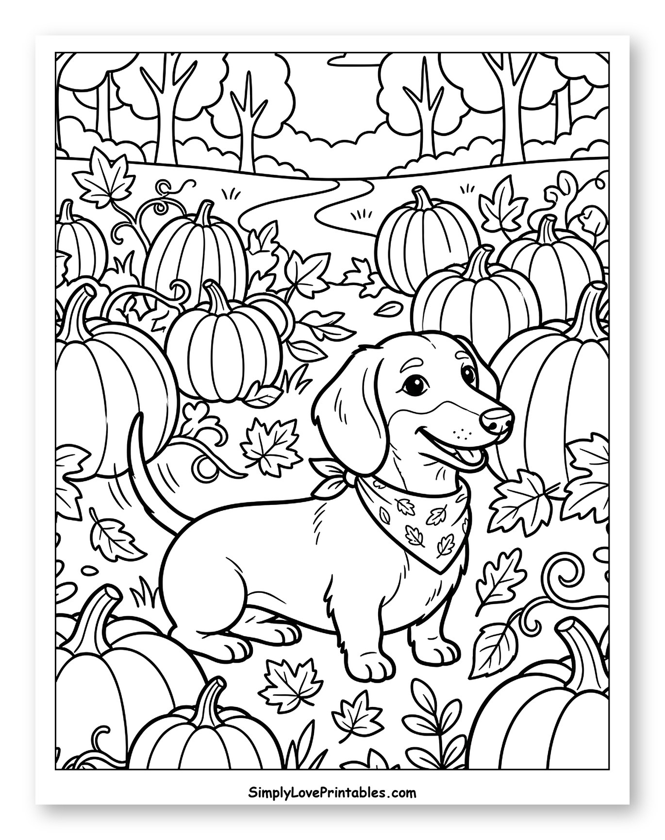 Happy Dachshund Among Autumn Pumpkins Coloring Sheet for Kids