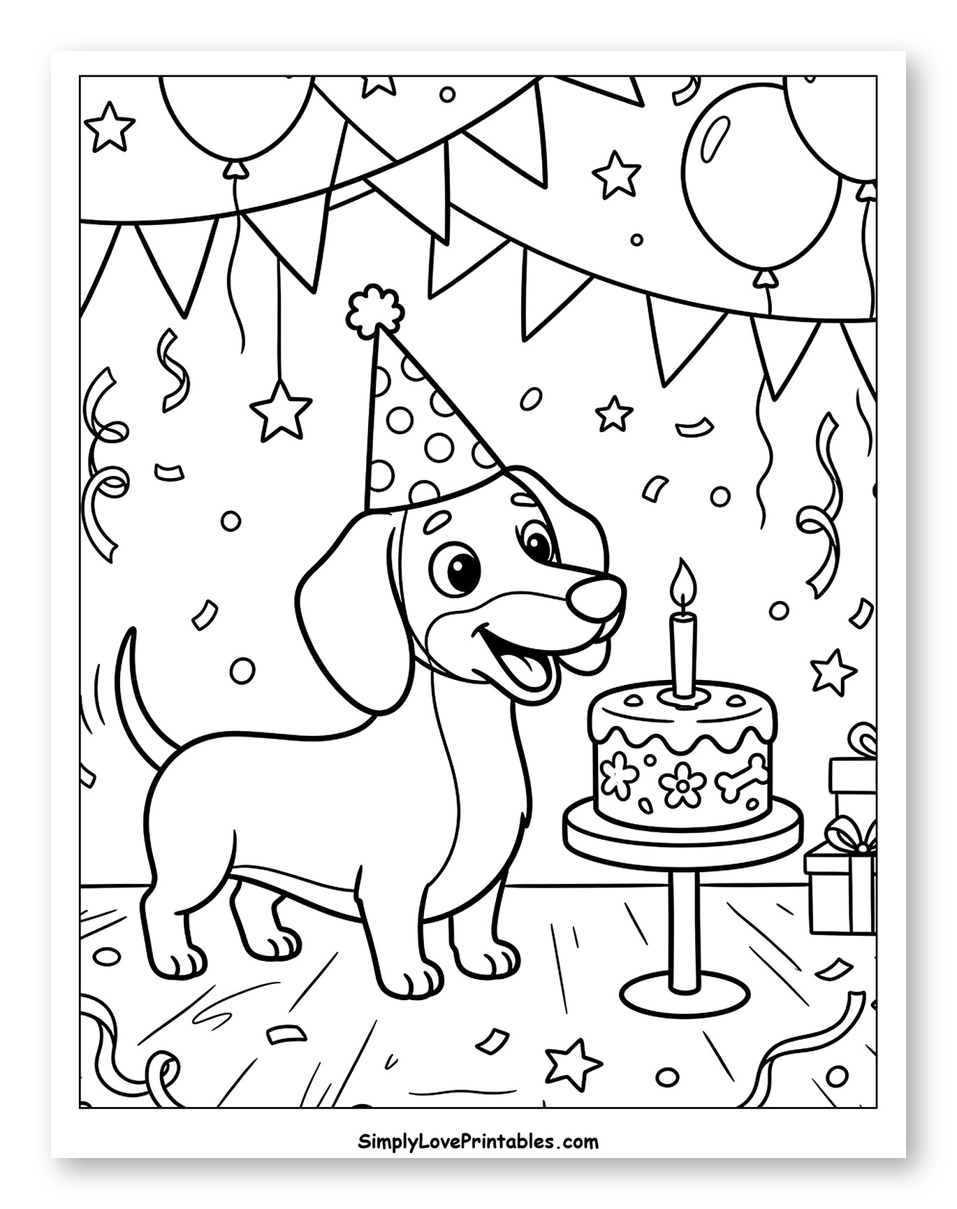 Happy Dachshund at Birthday Party to Color for Kids