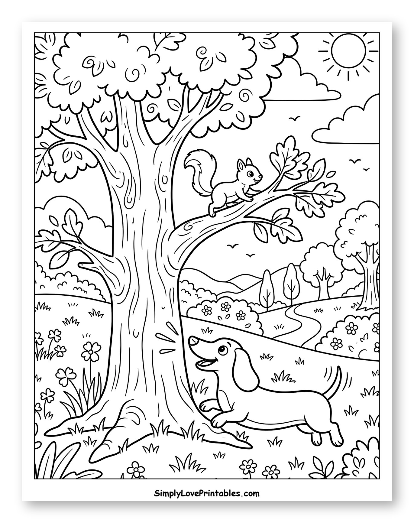 Happy Dachshund Barks at Squirrel in Park to Color for Kids